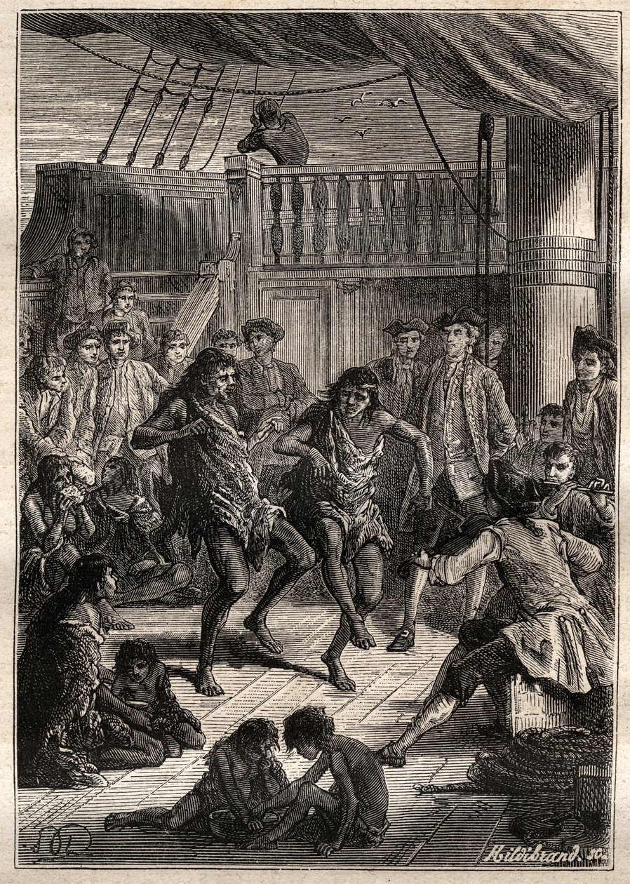 Louis Antoine, Conde de Bougainville (1729-1811) recebeu os habitantes da Baía de Fortescue (Detroit de Magalhães) no seu barco "La Boudeuse" em 1768 - ilustração de "The Great Mariners of the 18th century". de French School