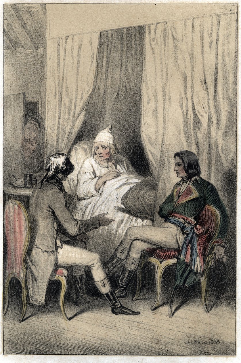 Louis Antoine Fauvelet de Bourienne (1769-1834), diplomata e administrador francês, e o General Napoleão Bonaparte (1769-1821) pediram dinheiro a um velho capitalista doente para a campanha italiana. Prato retirado de "Scenes de la vie des hommes famous" g de French School