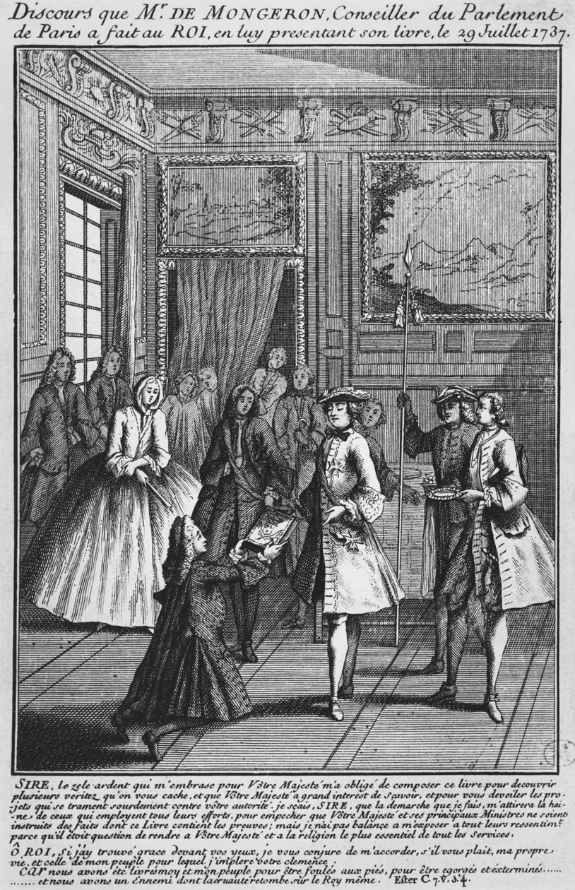Louis Basile Carre de Montgeron oferecendo seu livro sobre o diácono François de Paris e os convulsionários de Saint-Medard para o rei Luís XV de 1737 de French School