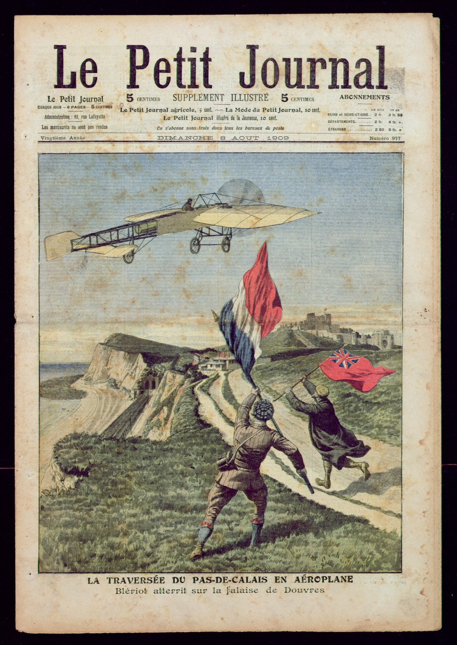 Louis Bleriot (1872-1936) desembarque em Dover, de &39;Le Petit Journal&39;, 8 de agosto de 1909 (gravura colorida) de French School