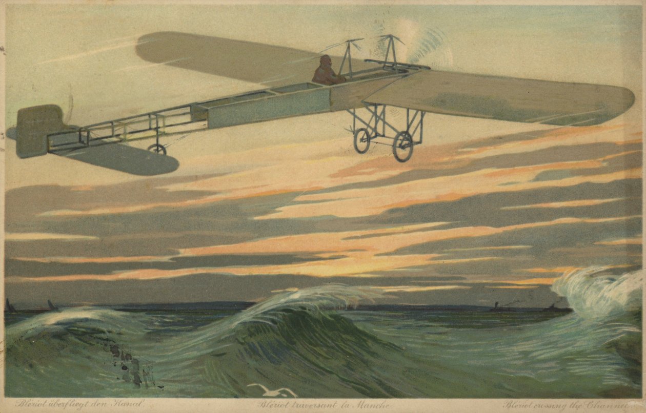 Louis Bleriot efectua o primeiro voo através do Canal da Mancha num aparelho mais pesado do que o ar, 25 de julho de 1909 (litografia a cores) de French School