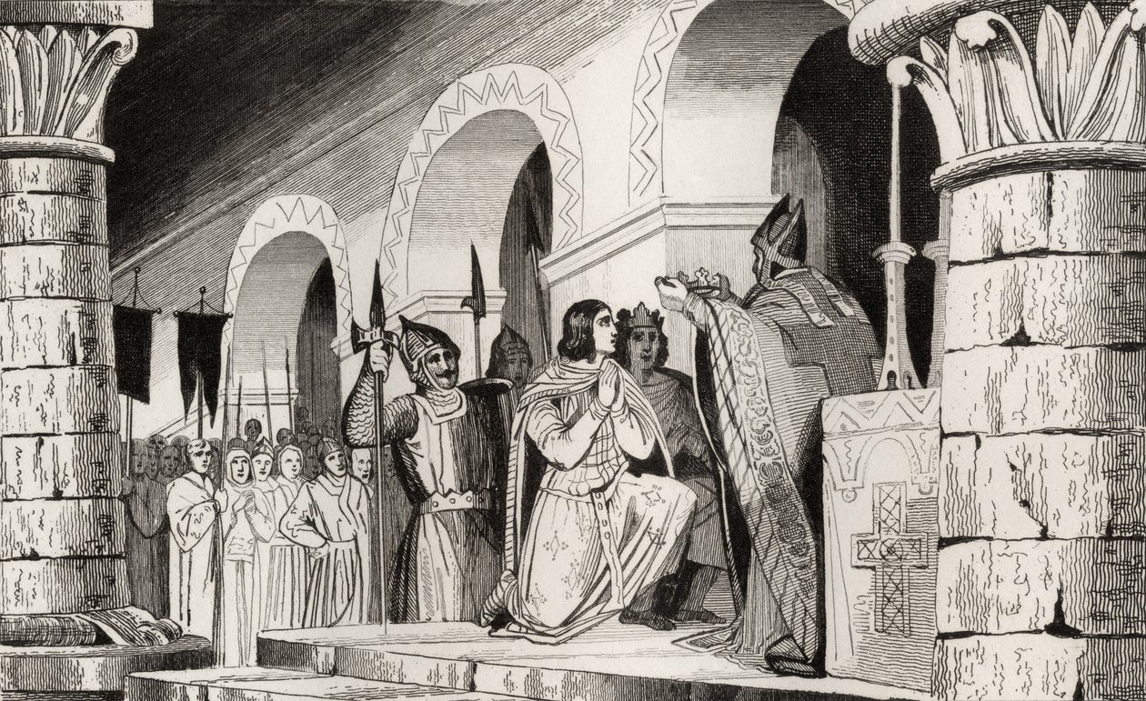 Luís III (863-82) e Carlomano (865-84) coroados juntos, de &39;Histoire de France&39; por Colart, publicado em 1840 de French School