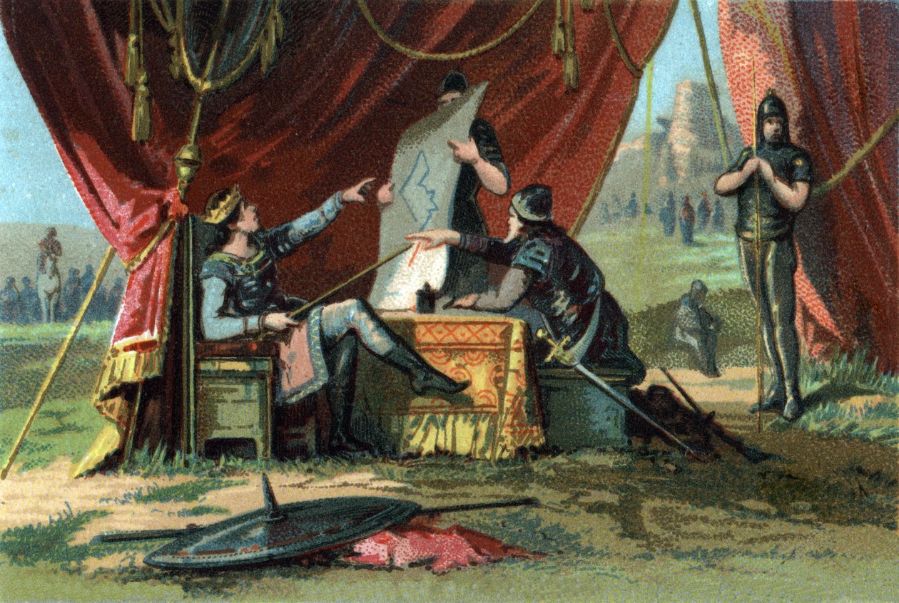 Louis III (ver 863-882) e Carloman II (867-884) sitiaram Viena em vão. Cromolitografia por volta de 1890. de French School