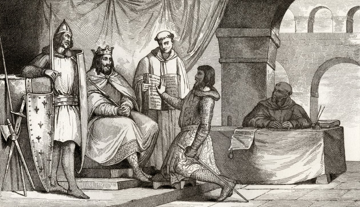 Luís II (848-79), o Gago recebe um juramento de lealdade de um nobre, de "Histoire de France" de Colart, publicado em 1840 de French School