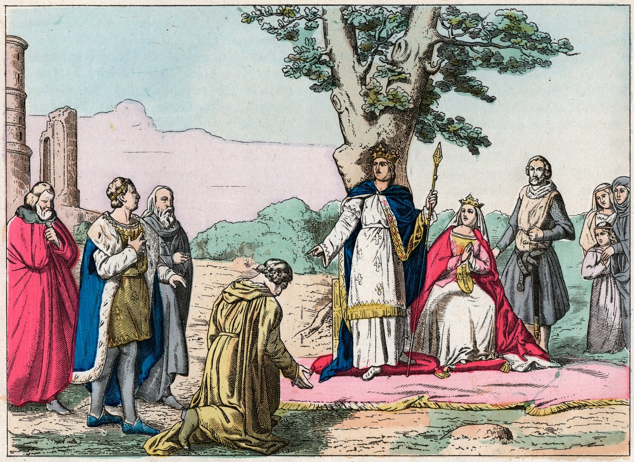 Luís IX, dit "Saint-Louis" (1214-1270) faz justiça a todos os seus súbditos no Bois de Vincennes - Saint Louis (1214-1270) faz justiça - Gravura do final do século XIX em "Nos Gires Nationales - Images et recits". de French School