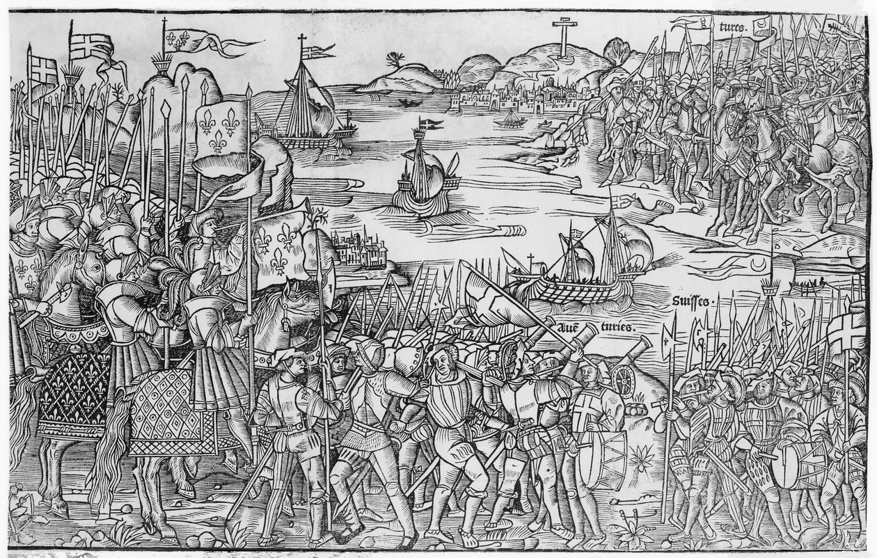Luís IX da França, desembarcando em Damietta durante a Sétima Cruzada, de &39;Grande Viagem de Hierusalém&39;, publicado em 1522 de French School