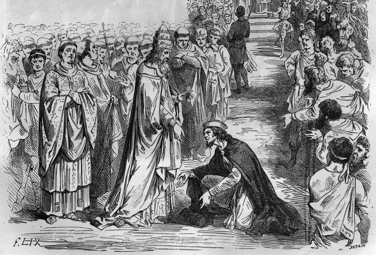 Luís I O Pio ou O Debonário (778-840) aos joelhos do Papa Estêvão V (Stefano, papa de 896 a 897). Gravação em "Histoire des Papes-Rois-Queen and Empereurs a travessa les centuries" por Maurice Lachatre de French School