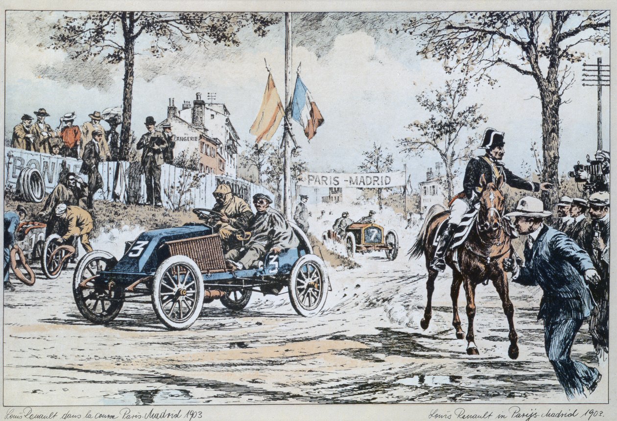 Louis Renault dirigindo na corrida de Paris para Madri de 1903, c.1903 de French School