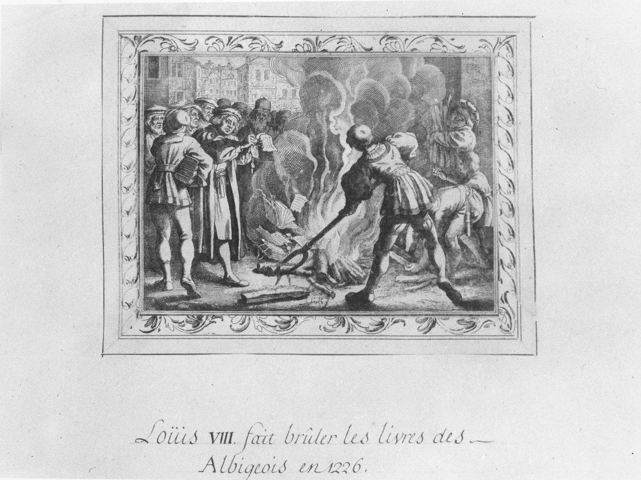 Luís VIII queimando os livros albigenses em 1226 (gravura) de French School