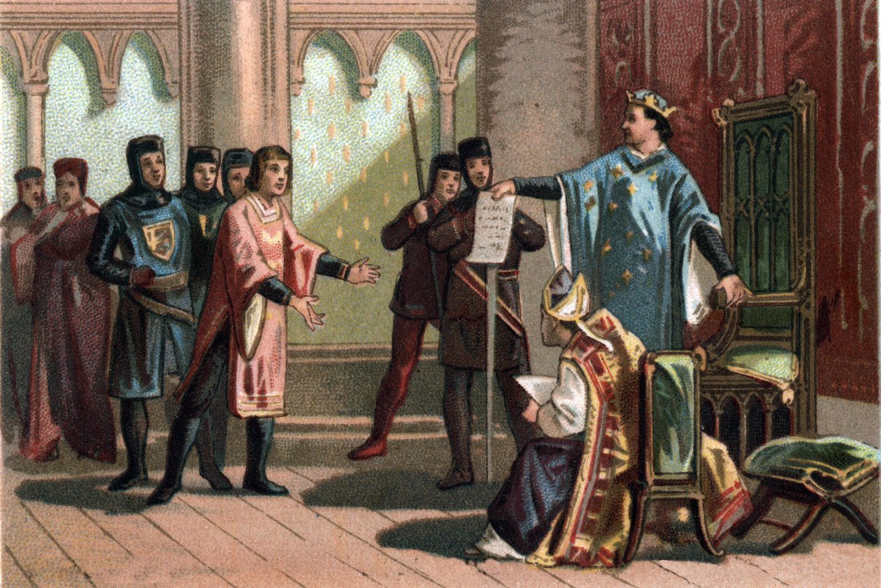 Luís VIII, conhecido como "O Leão" (1187 - 1226), a dinastia Capetiana, respondeu orgulhosa e ferozmente a um enviado do Rei de Inglaterra Henrique III. Cromolitografia por volta de 1890. de French School