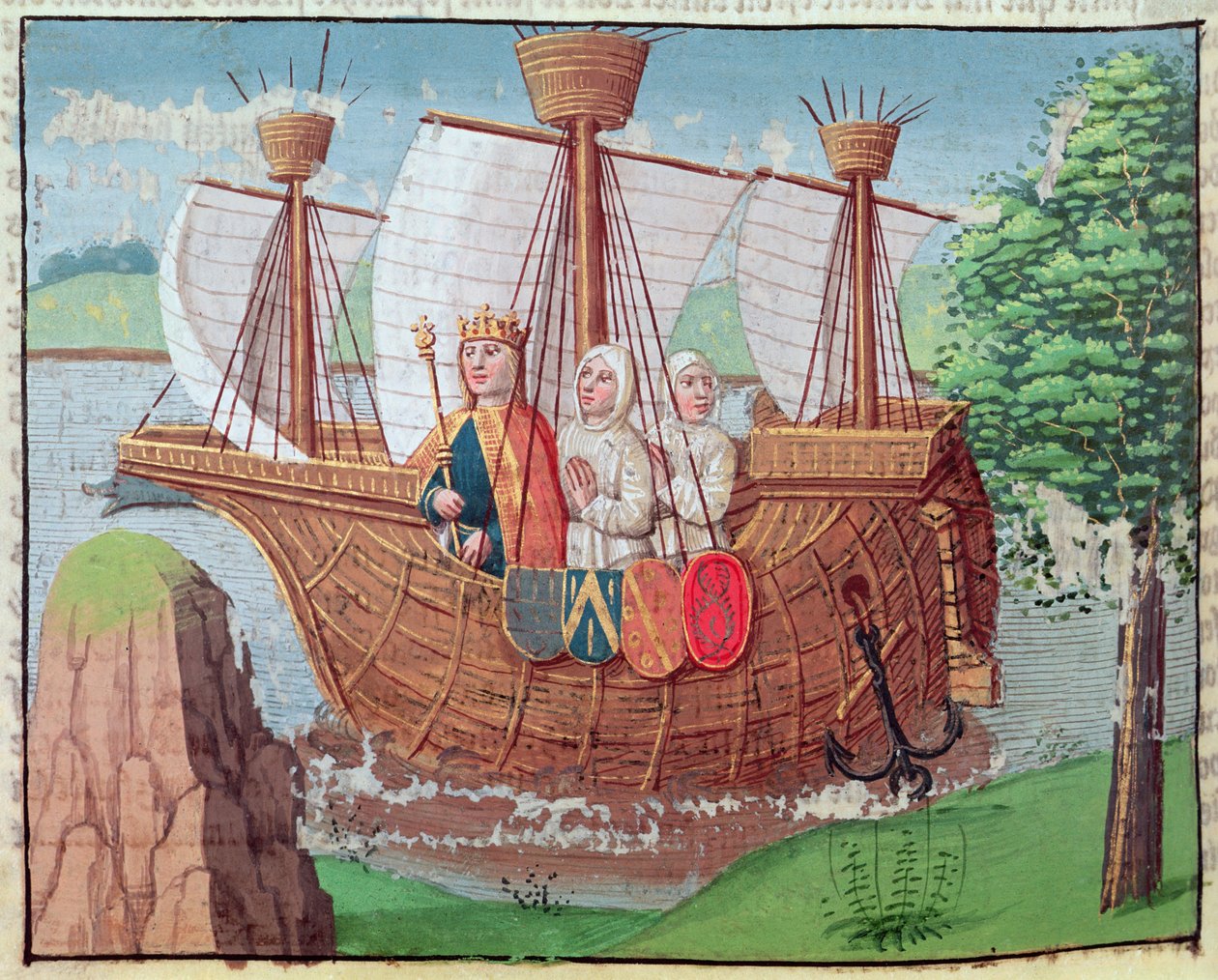 Louis VII embarcando para a Terra Santa com alguns monges cistercienses em 1145, miniatura de "Ogier le Danois", impresso por A. Verard, Paris de French School