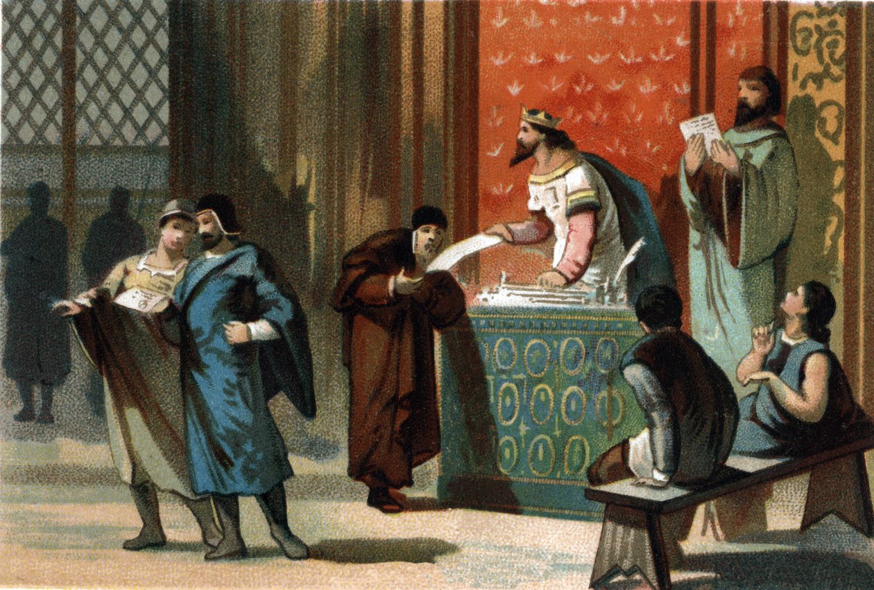 Louis VI dit Le Gros (1081-1137) deu as cartas dos correios das comunas. Cromolitografia por volta de 1890. de French School