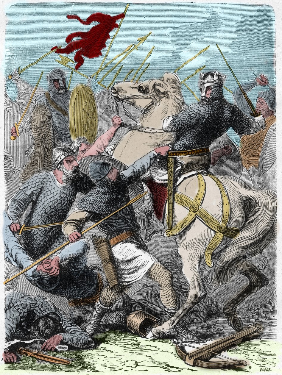 Louis VI disse "The Gros" (1081 - 1137), na batalha de Brenneville, tentou tirar a Normandia do Rei Henrique I de Inglaterra em 1119. Gravura em "Histoire De France En Cent Paintings de Paul Lehugeur "1891. de French School