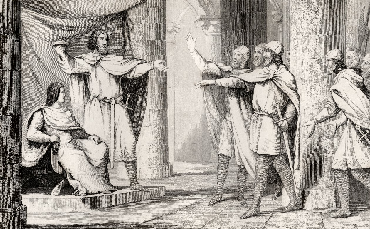 Louis V (967-87), o Mordedor, mostra sua coroa aos seus seguidores, de &39;Histoire de France&39; de Colart, publicada em 1840 de French School