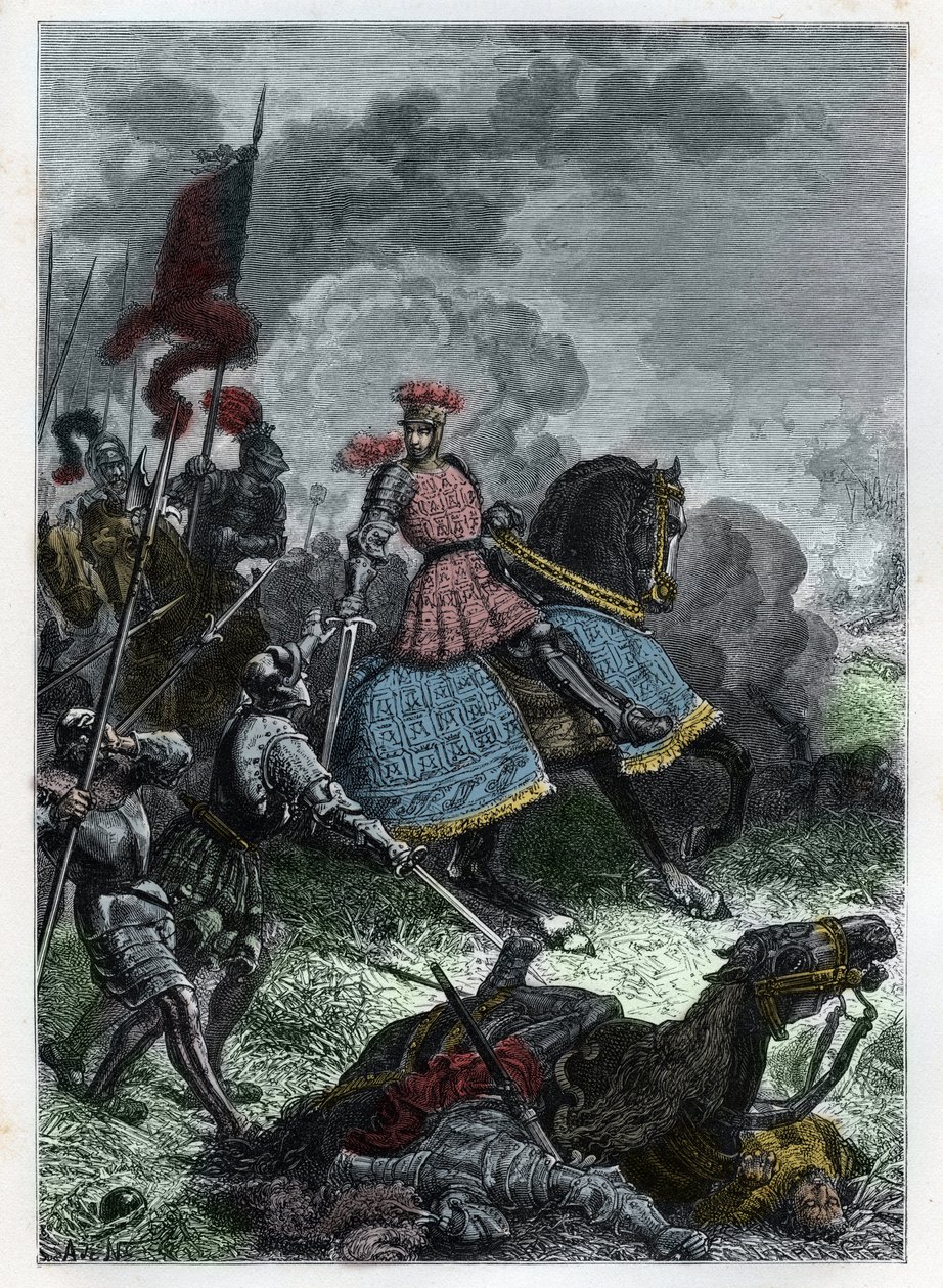 Luís XII na Batalha de Agnadel perto de Crema, na Lombardia, ganha pelo Rei sobre os Venicianos em 14 de Maio de 1509 - Batalha de Agnadello - Luís XII da França derrota os venezianos - gravura de "L