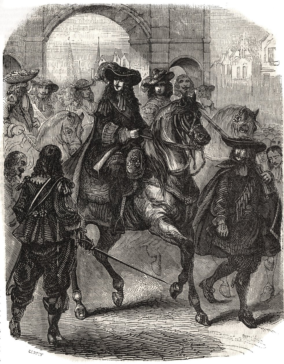 Luís XIV (1638-1715) e sua esposa Marie Therese (Marie-Therese) da Áustria (1638-1683) entraram em Paris em 1660. Gravura em "Histoire de France" de L.-P. Anguetil de French School