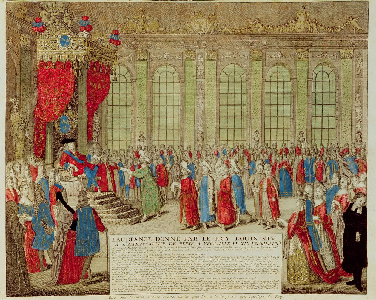 Luís XIV (1638-1715) recebe o embaixador persa Mohammed Reza Beg na Galerie des Glaces em Versalhes, em 19 de fevereiro de 1715 de French School
