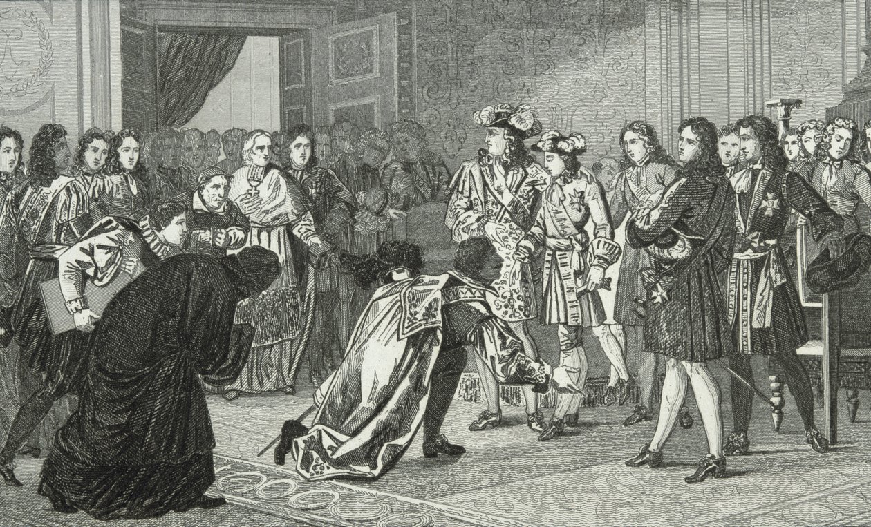 Luís XIV (1638-1715), o Rei Sol, apresenta seu neto Philippe V (1683-1746) aos enviados espanhóis, da "Histoire de France" de Colart, publicado em 1840 de French School
