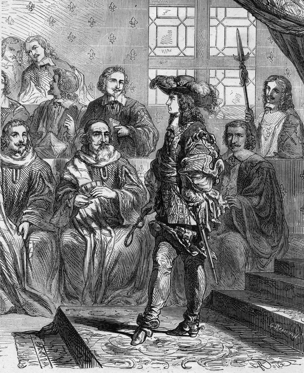 Luís XIV (1638 - 1715) tinha 17 anos em 1652 perante o parlamento e obrigou o presidente a dissolver a assembleia. Gravura em "Histoire De France En Cent Paintings de Paul Lehugeur "1891. de French School