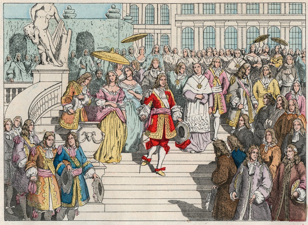 Luís XIV (Luís 14) e sua corte em Versalhes - Luís XIV da França e sua corte em Versalhes - Gravura do final do século XIX em "Nos Gires Nationales - Images et recits de French School