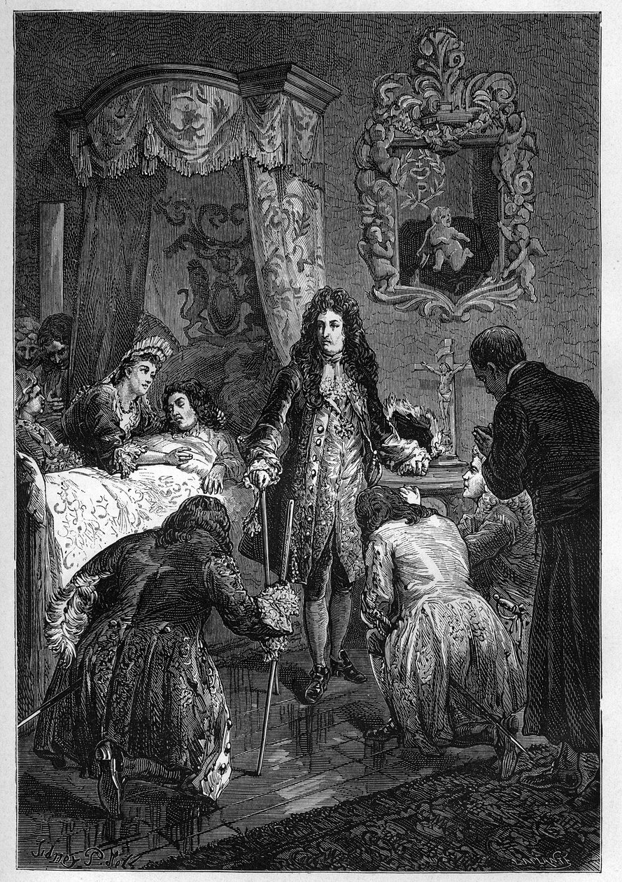 Luís XIV visita Tiago II no seu leito de morte - Visita de Luís XIV Rei de França a Tiago II de Inglaterra (James II Stuart) (1633-1701) a morrer - gravura em "L