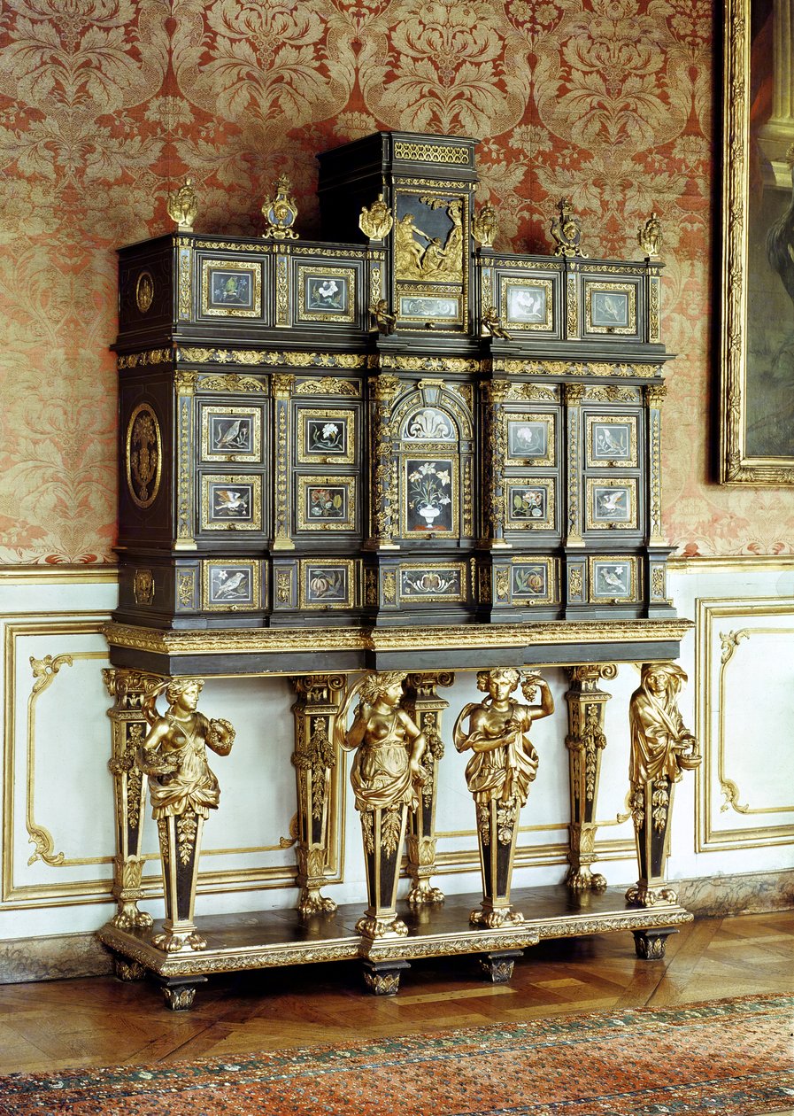Gabinete de joalharia Luís XIV, Oficina Gobelins, c.1685 (bronze e ébano) de French School