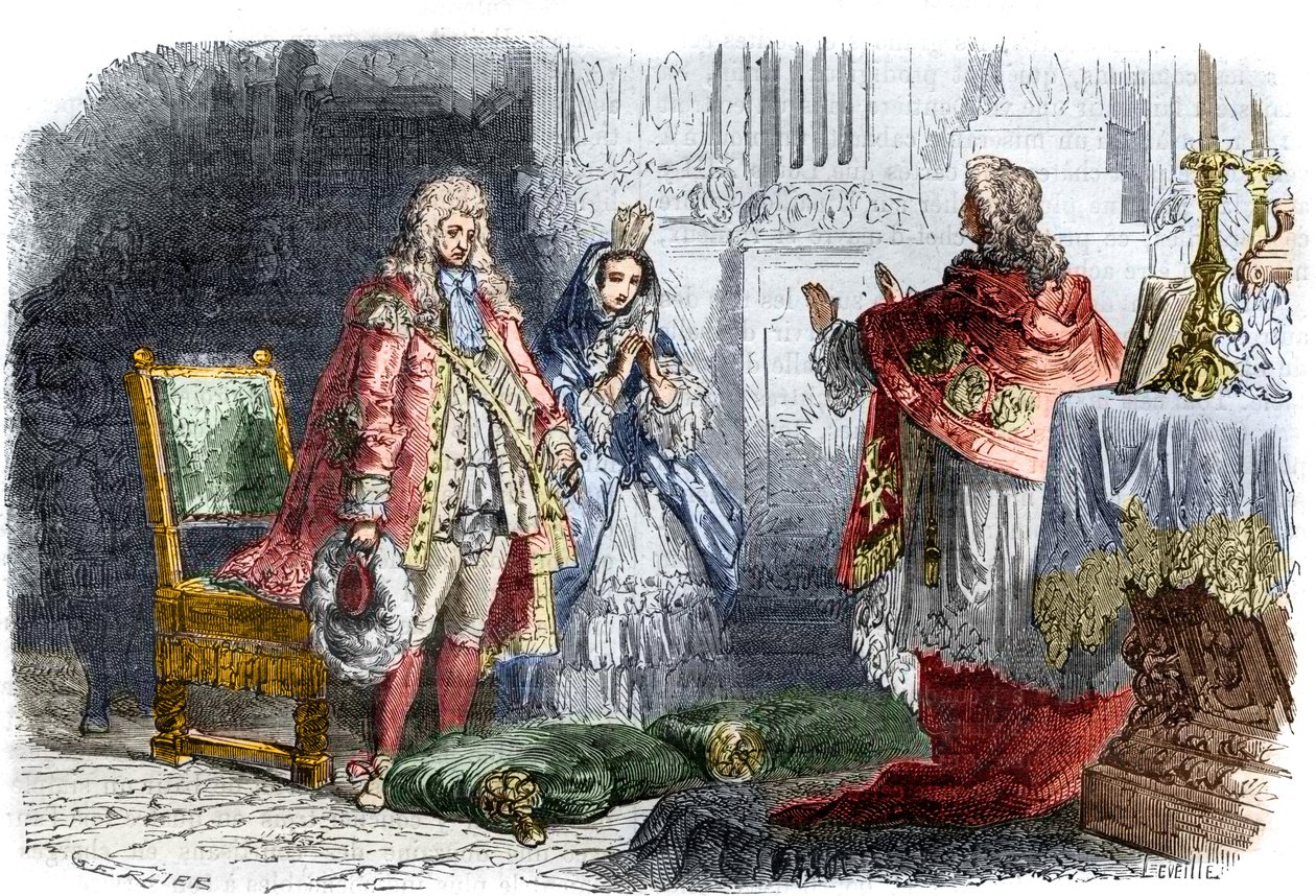 Luís XIV casa com Françoise d? Aubigne, Marquise de Maintenon (Inverno 1683/84) - Casamento secreto do Rei Luís XIV (1638-1715) e Françoise d? Gravação na "História dos Papas-Rei-Queen e Em de French School