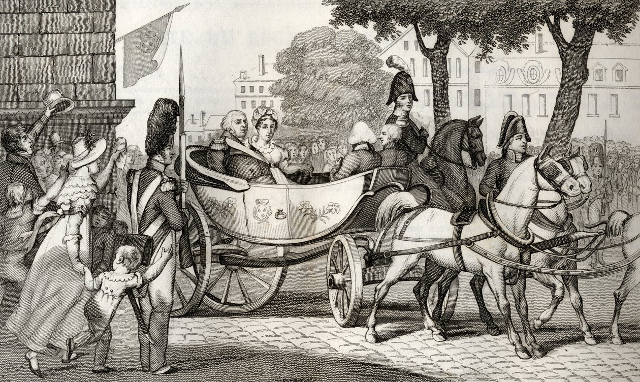 Luís XVIII (1755-1824) entra em Paris na Restauração de 1814, de &39;Histoire de France&39; por Colart, publicado em 1840 de French School