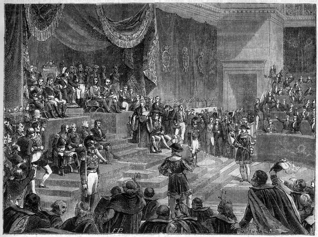 Luís XVIII e o estabelecimento da Monarquia Constitucional - Carta Constitucional de 4 de Junho de 1814 - Luís XVIII preside à abertura da sessão das Câmaras em 4 de Junho de 1814 no Palais Bourbon de Paris - no "Histoire de l