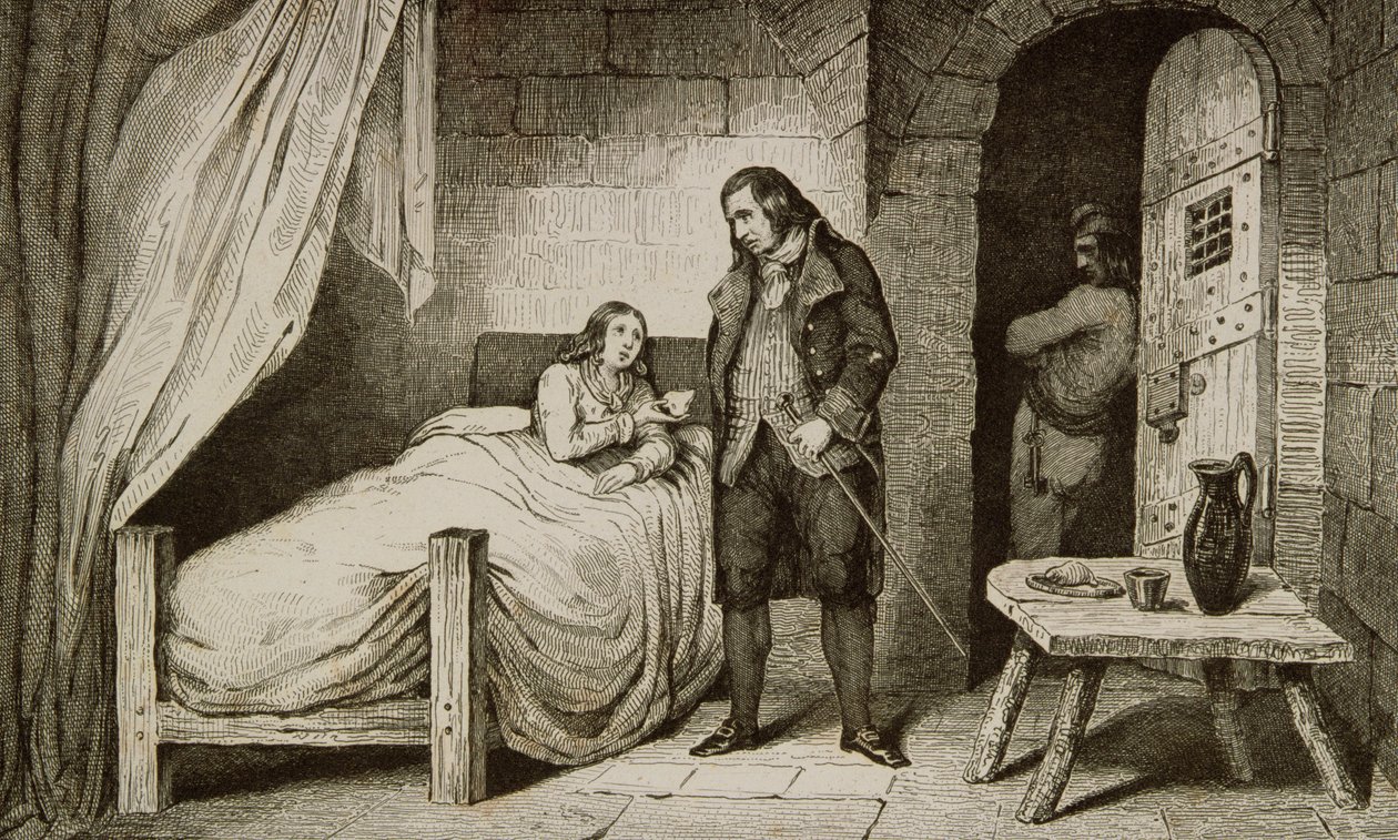 Luís XVII (1785-95) doente e encarcerado, de &39;Histoire de France&39; por Colart, publicado em 1840 de French School