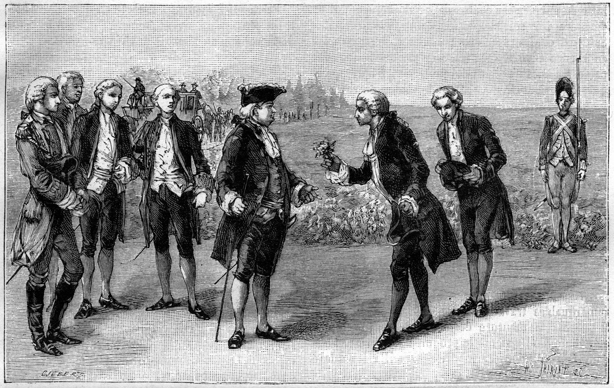 Luís XVI (1754-1793) visitando o primeiro campo de batatas na planície dos Sablons (atual avenida de la Grande Armee, Paris), Antoine Augustin Parmentier (1737-1813) ofereceu-lhe flores de batata, por volta de 1785. Gravura em "La Nature. Revue des science de French School