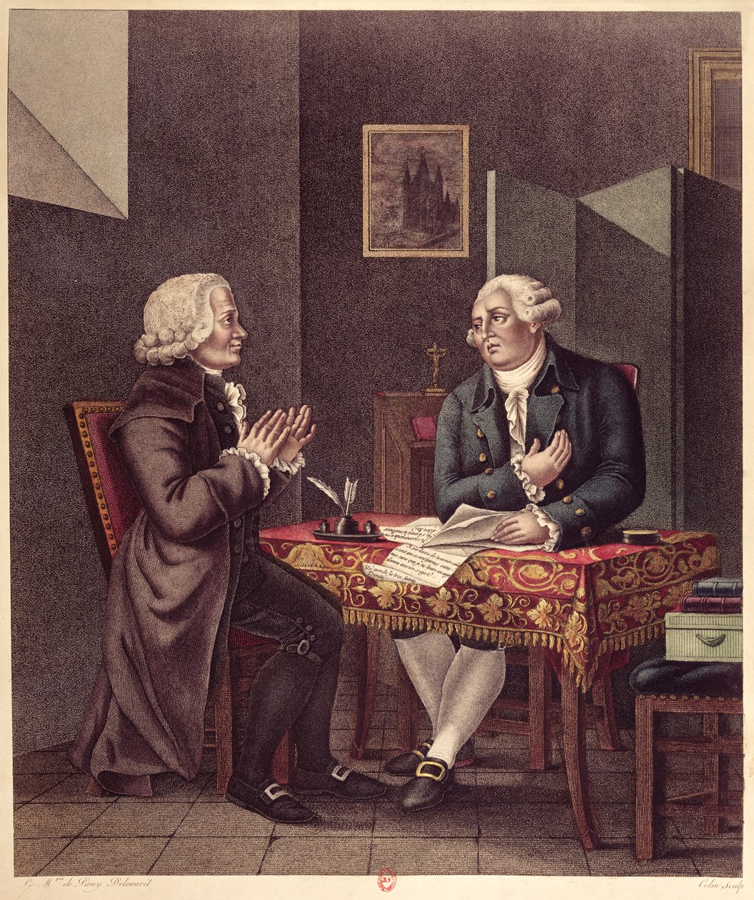 Luís XVI (1754-93) Lendo sua última vontade e testamento a Guillaume de Lamoignon de Malesherbes (1721-94) no Templo, 25 de dezembro de 1793 de French School