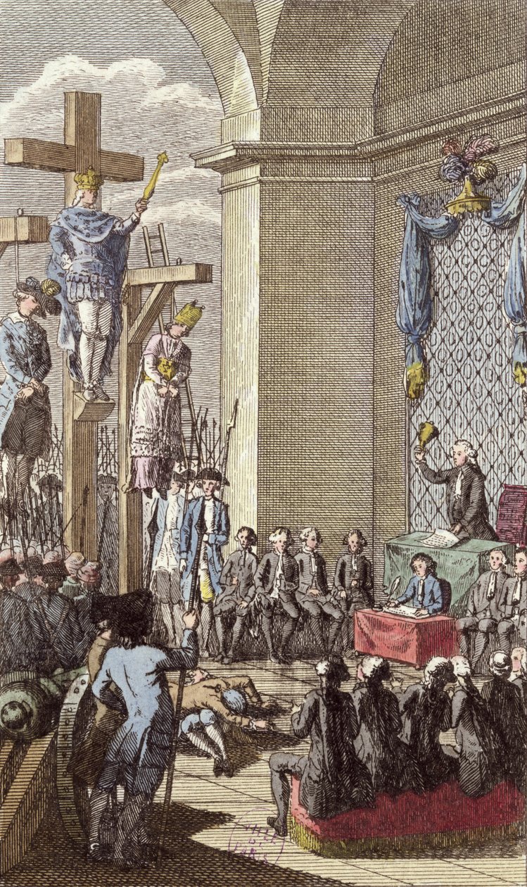 Luís XVI (1754-93) em seu julgamento, crucificado entre a nobreza e o clero, c.1792 de French School