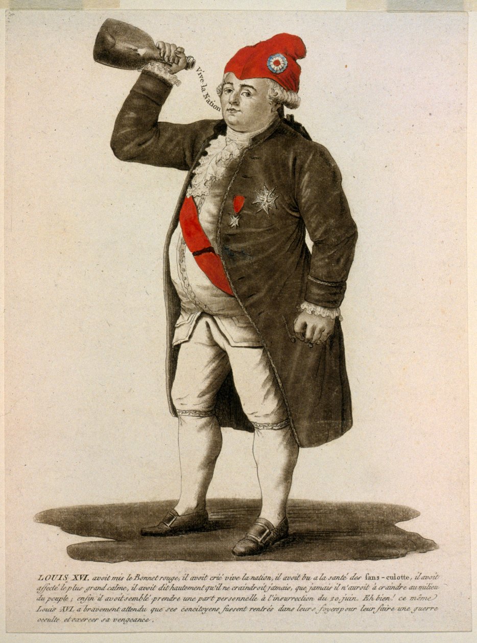 Luís XVI usando o boné vermelho, gritando "Viva a Nação", pub 1792 (gravura colorida à mão) de French School