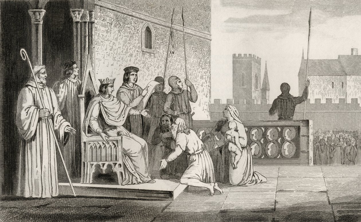 Luís X (1289-1316), o Maligno, emancipa os servos de "Histoire de France", de Colart, publicado em 1840 de French School