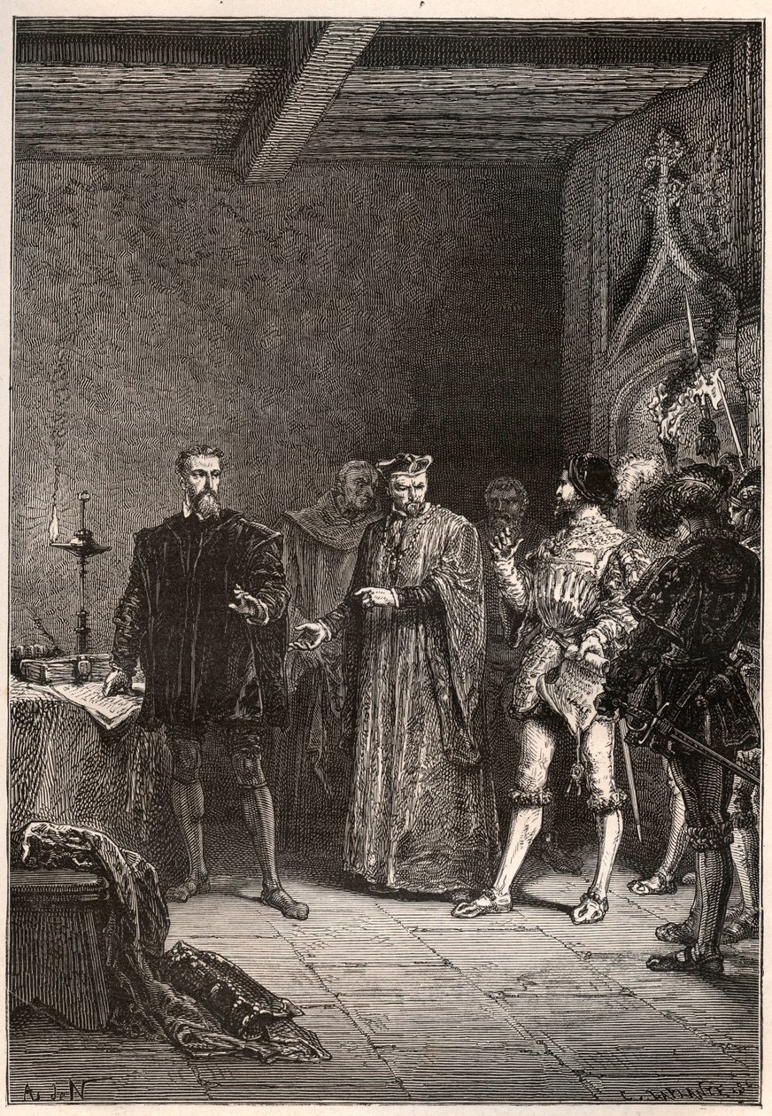 Louis de Berquin (1485-1529), cavaleiro e humanista, reformador religioso, libertado por Jean de la Barre (1523-1533) prevot de Paris - Louis de Berquin (à esquerda) libertado da prisão por John de la Barre - gravura de "L