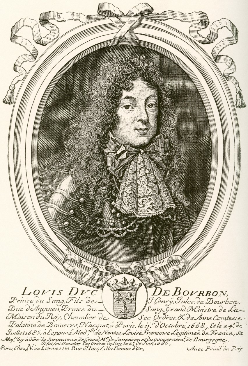 Louis de Bourbon, Príncipe de Condé, 1668 - 1710. Príncipe do sangue na corte francesa de Luís XIV. De Les Heures Libres publicado em 1908. de French School