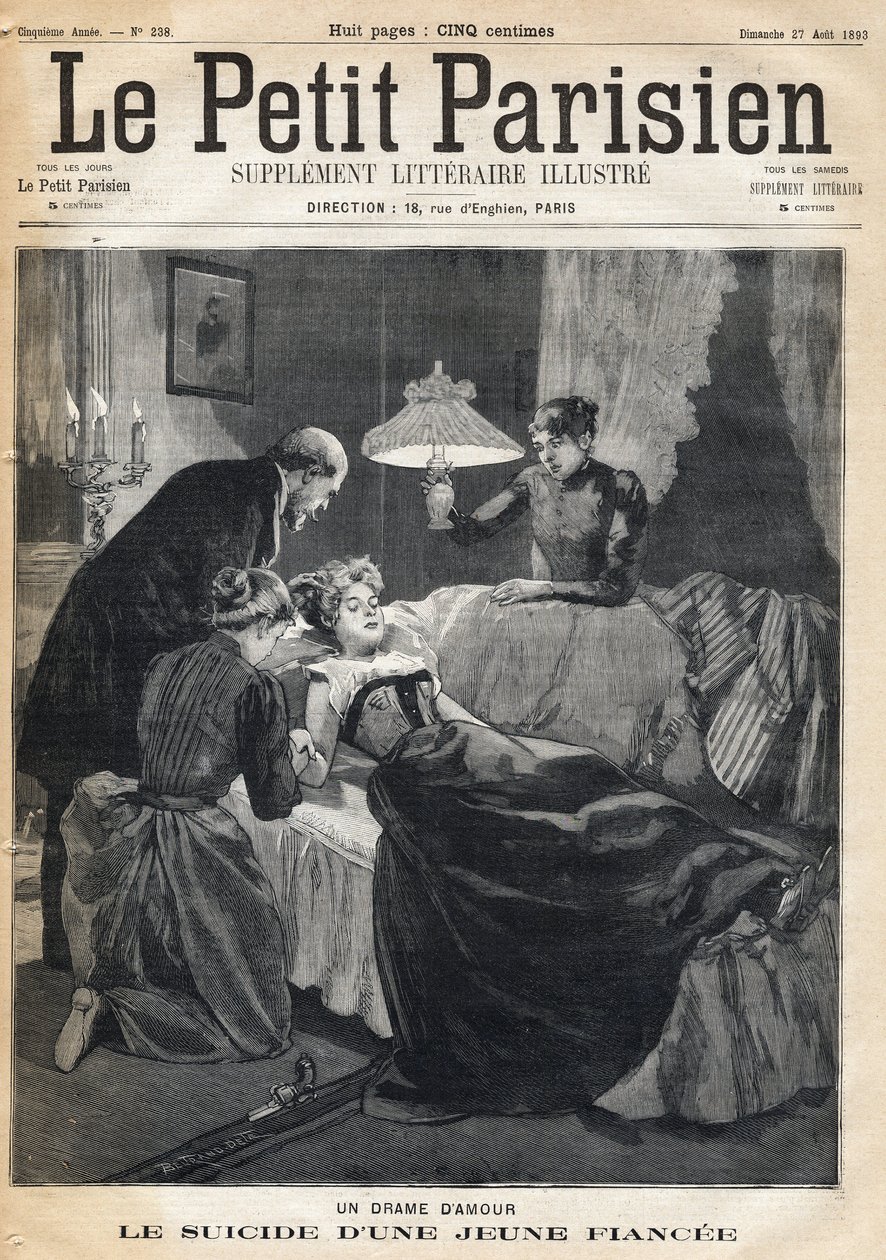 Adoro o Drama: Suicídio de uma noiva de 17 anos após a morte do marido. Um dos jornais " Le petit Parisien" em 27/08/1893 (gravura) de French School