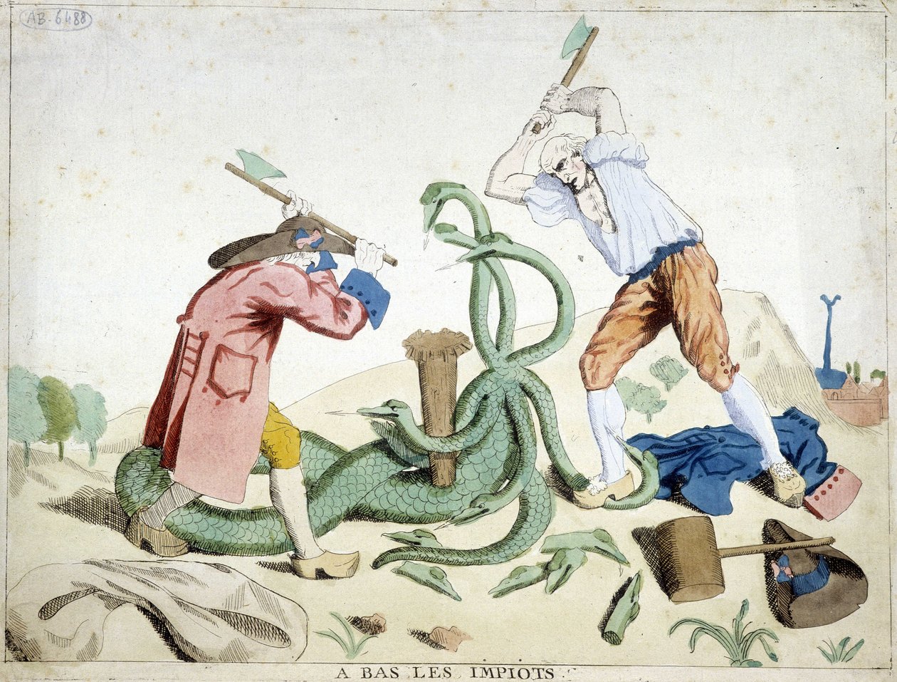 Baixos impostos: o Terceiro Estado derrotando o imposto - "Hydra de lerne" - um desenho animado revolucionário, cerca de 1789 de French School