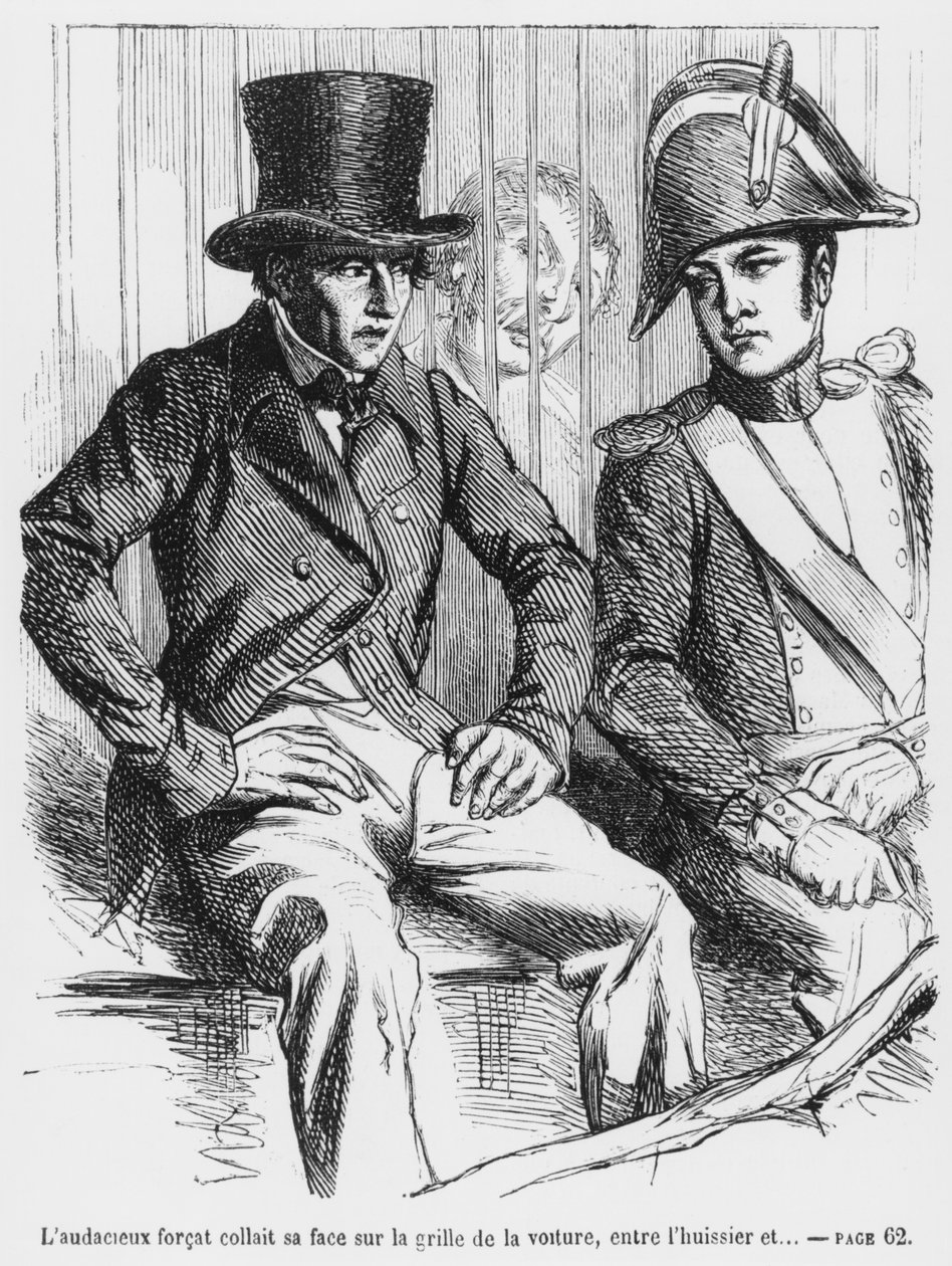 Lucien de Rubempre e Vautrin presos, ilustração de Splendors and Miseres of Courtesans por Honore de Balzac, publicada em 1867 de French School