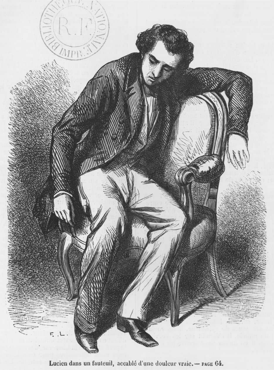 Lucien de Rubempre oprimido pela tristeza, ilustração de &39;Les Illusions perdues&39; de Honoré de Balzac de French School