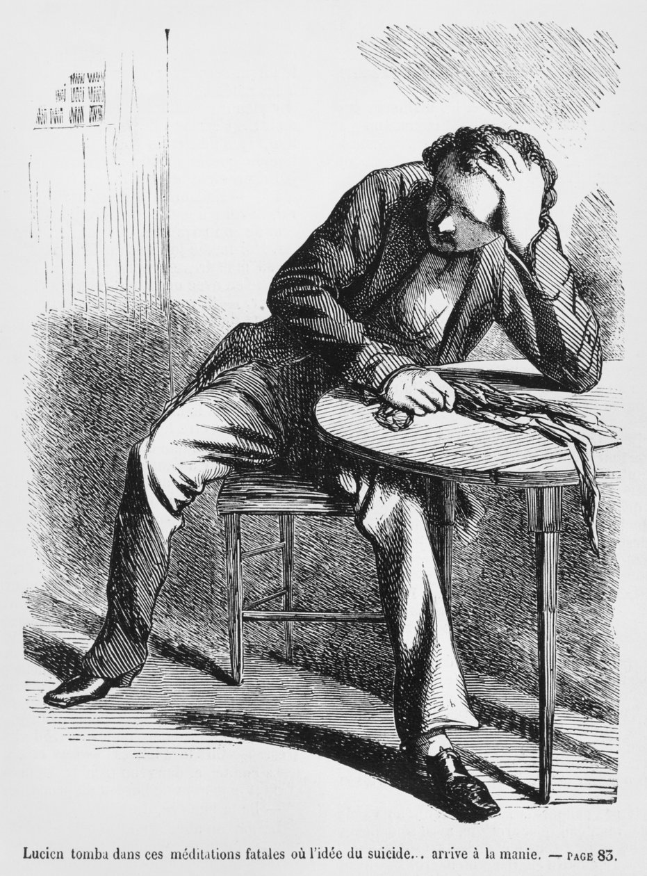 Lucien de Rubempre pensando em suicídio, ilustração de Splendors and Miseres of Courtesans por Honoré de Balzac, publicado em 1867 de French School