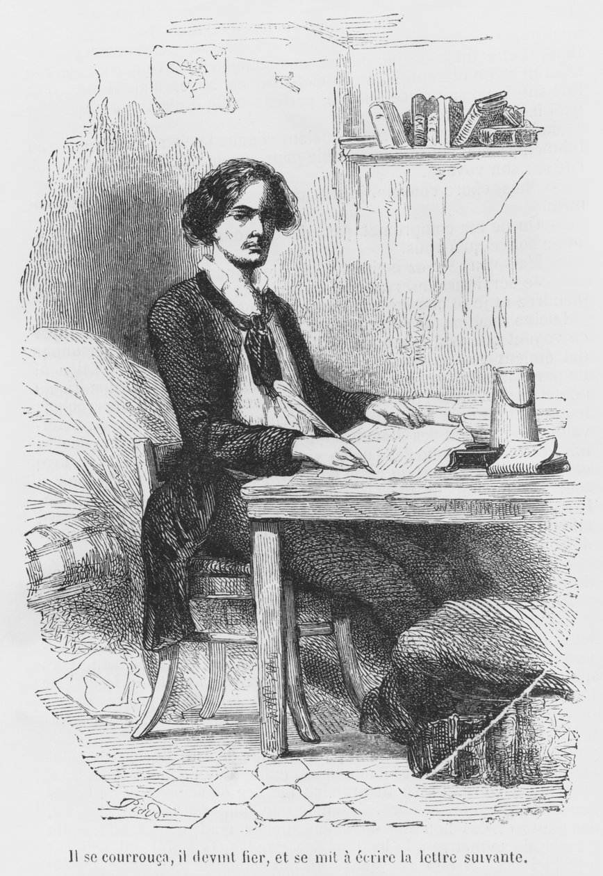 Lucien de Rubempre escrevendo uma carta, ilustração de &39;Les Illusions perdues&39; de Honore de Balzac, gravada por Antoine Alphee Piaud (século XIX) de French School