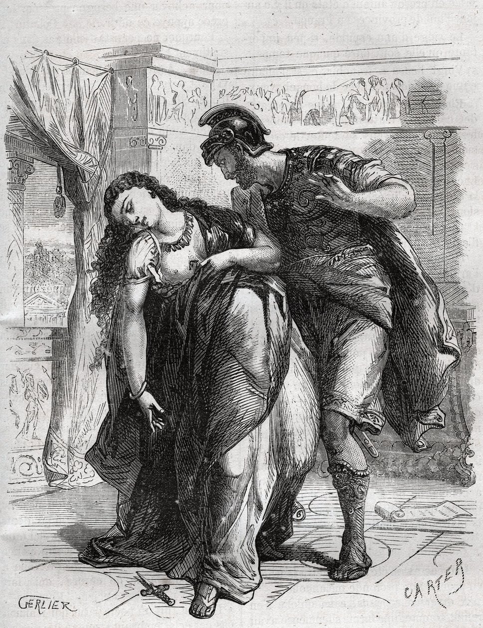 A morte de Lucrece: Lucrece (Lucrezia, Lucretia, senhora romana do século VI a.C.) foi vítima de violência por seu primo Sextus Tarquin, o filho de Tarquin, o Soberbo. Ela cometeu suicídio diante de seu marido, Lucius Tarquinius Collatinus, conhecido como  de French School