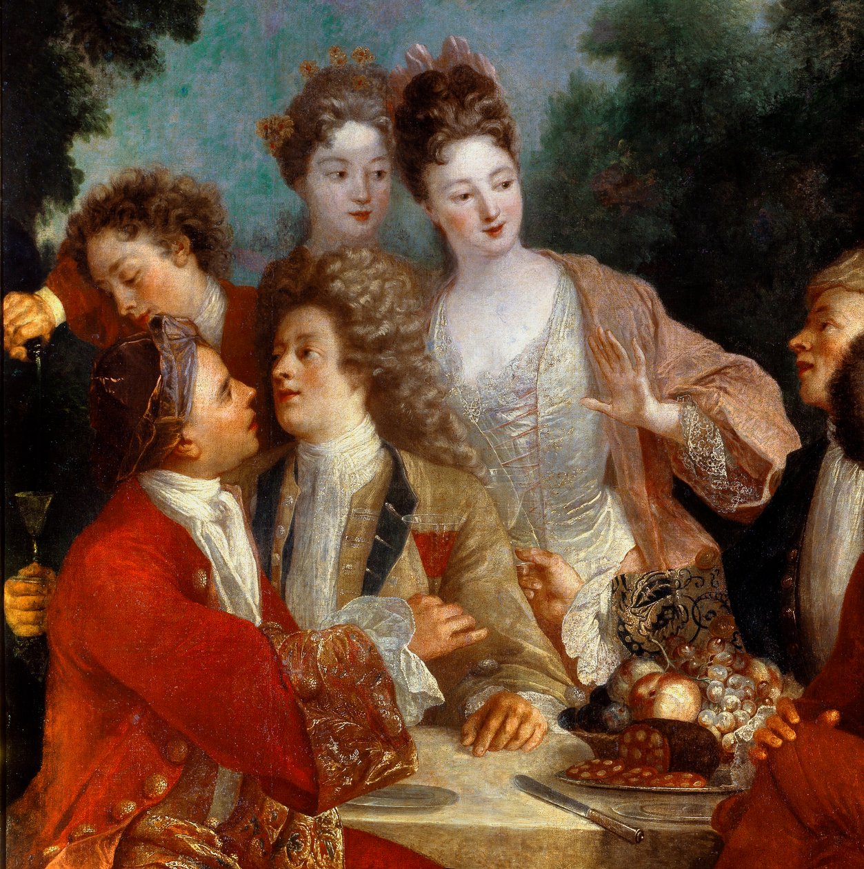 Almoço no Parc Des nobles, num banquete de campo. Pormenor da pintura da escola francesa do século XVIII. Museu de Belas Artes de Orleans de French School