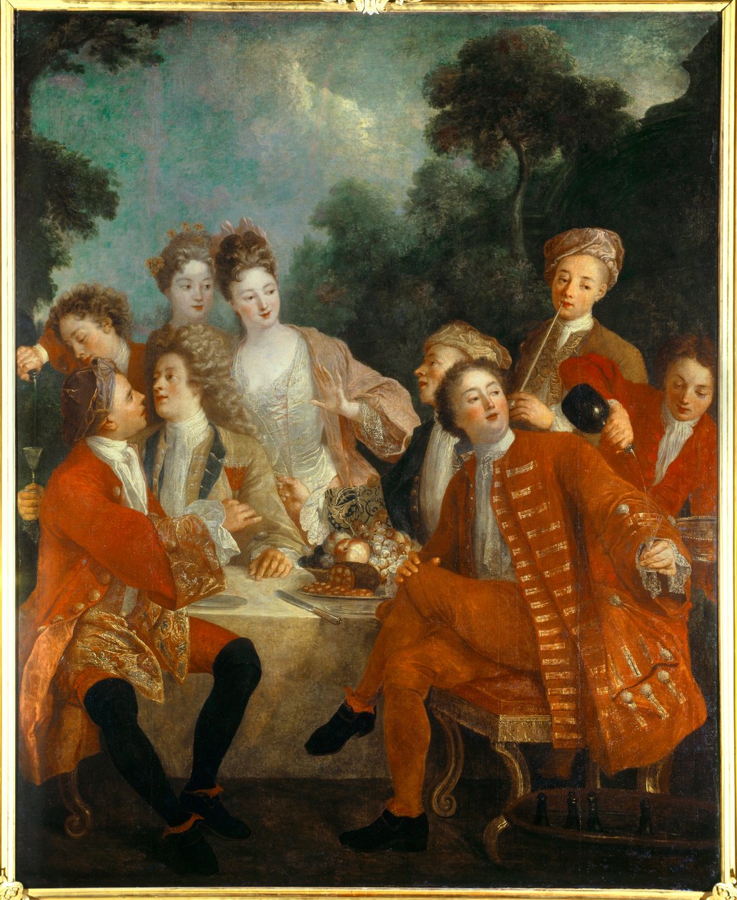 Almoço no Parc Des nobles, num banquete de campo. Pintura da escola francesa do século XVIII. Museu de Belas Artes de Orleans de French School