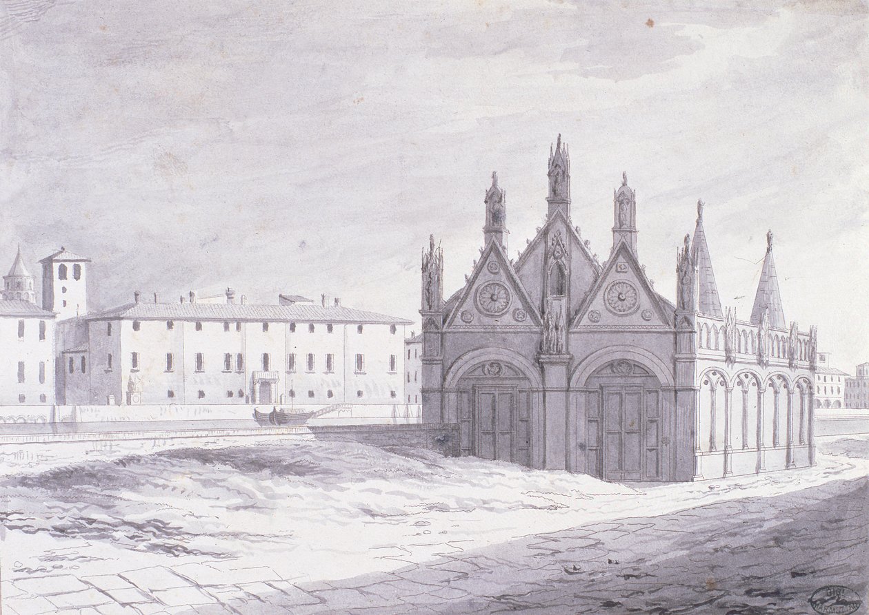 Lungarno, Santa Maria della Spina, Pisa (caneta e tinta sobre papel) de French School