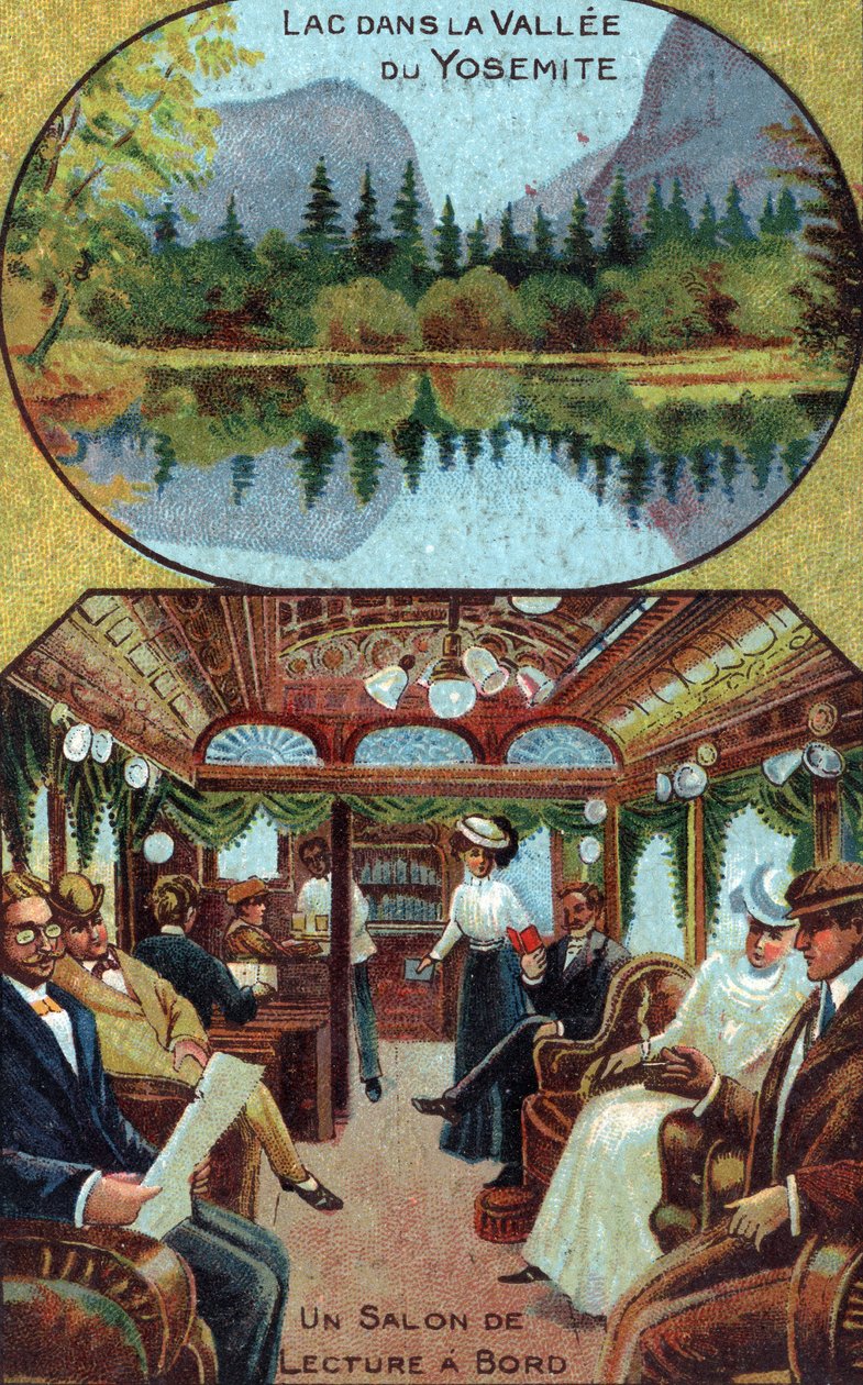 Turismo de luxo: vida de passageiros a bordo de um cruzeiro distraindo na sala de leitura, no topo do lago Yosemite Valley na Califórnia, EUA (Turista em leitura de cruzeiro de luxo na biblioteca privada do navio, vista de um lago do vale Yosemite, Califór de French School