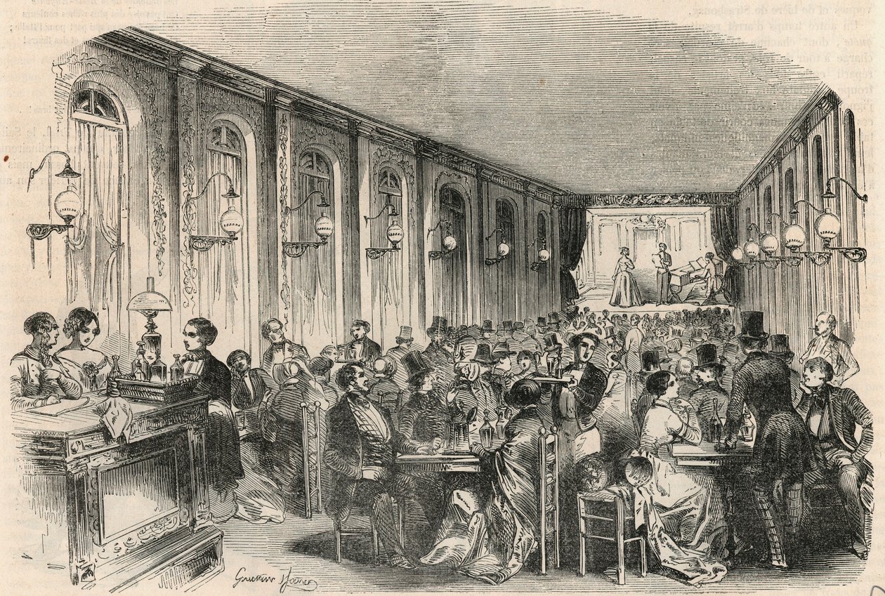 Gravura lírica da passagem Jauffroy em Paris no século XIX - Gravura em "Tableau-de-Paris" de Edmond Texier 1852 de French School