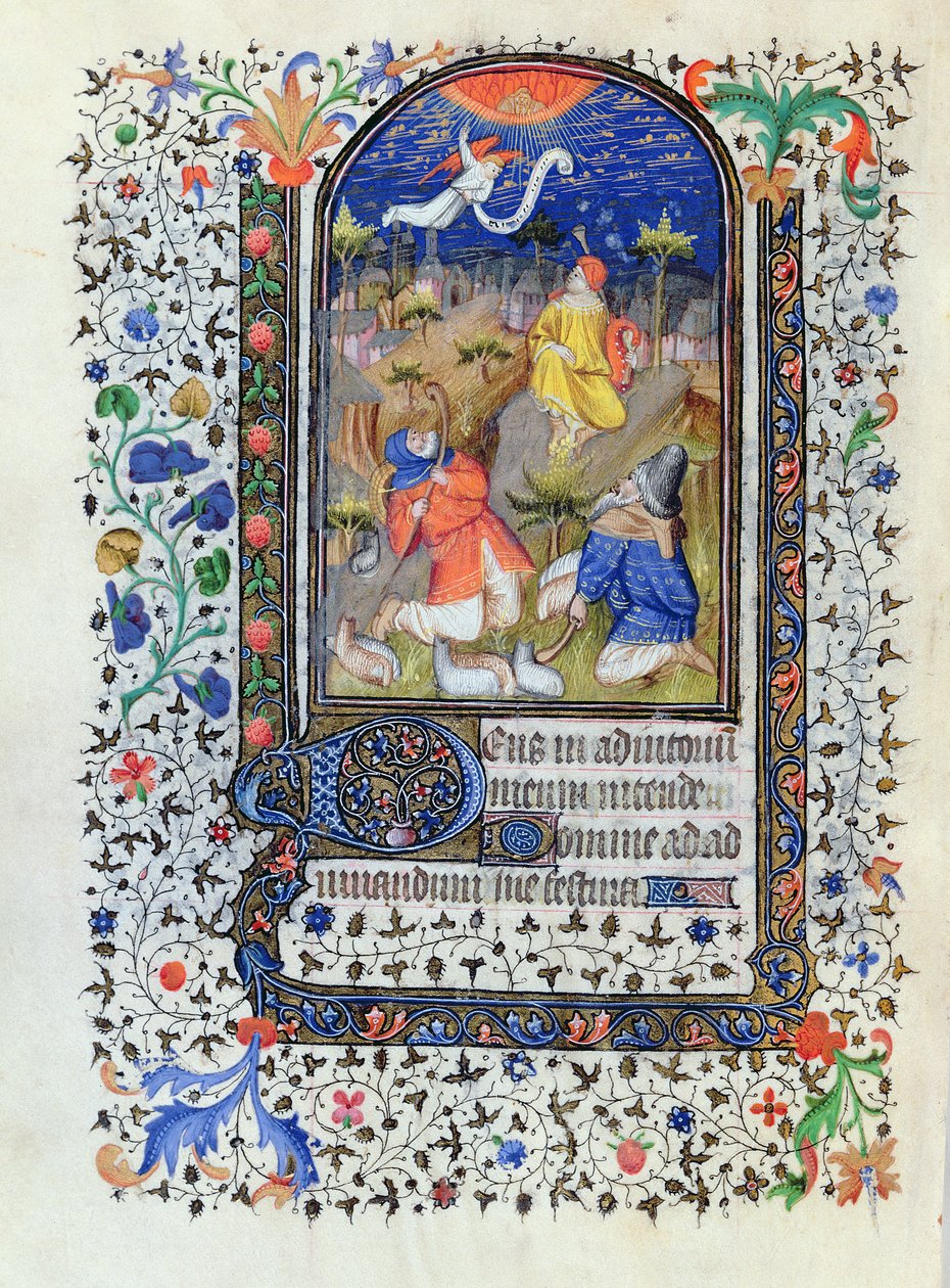 MS 1278 fol.106v Anunciação aos pastores, de Heures a lusage de Troyes, pelo Ateliê do Mestre das Horas de Rohan, c, 1413-20 de French School